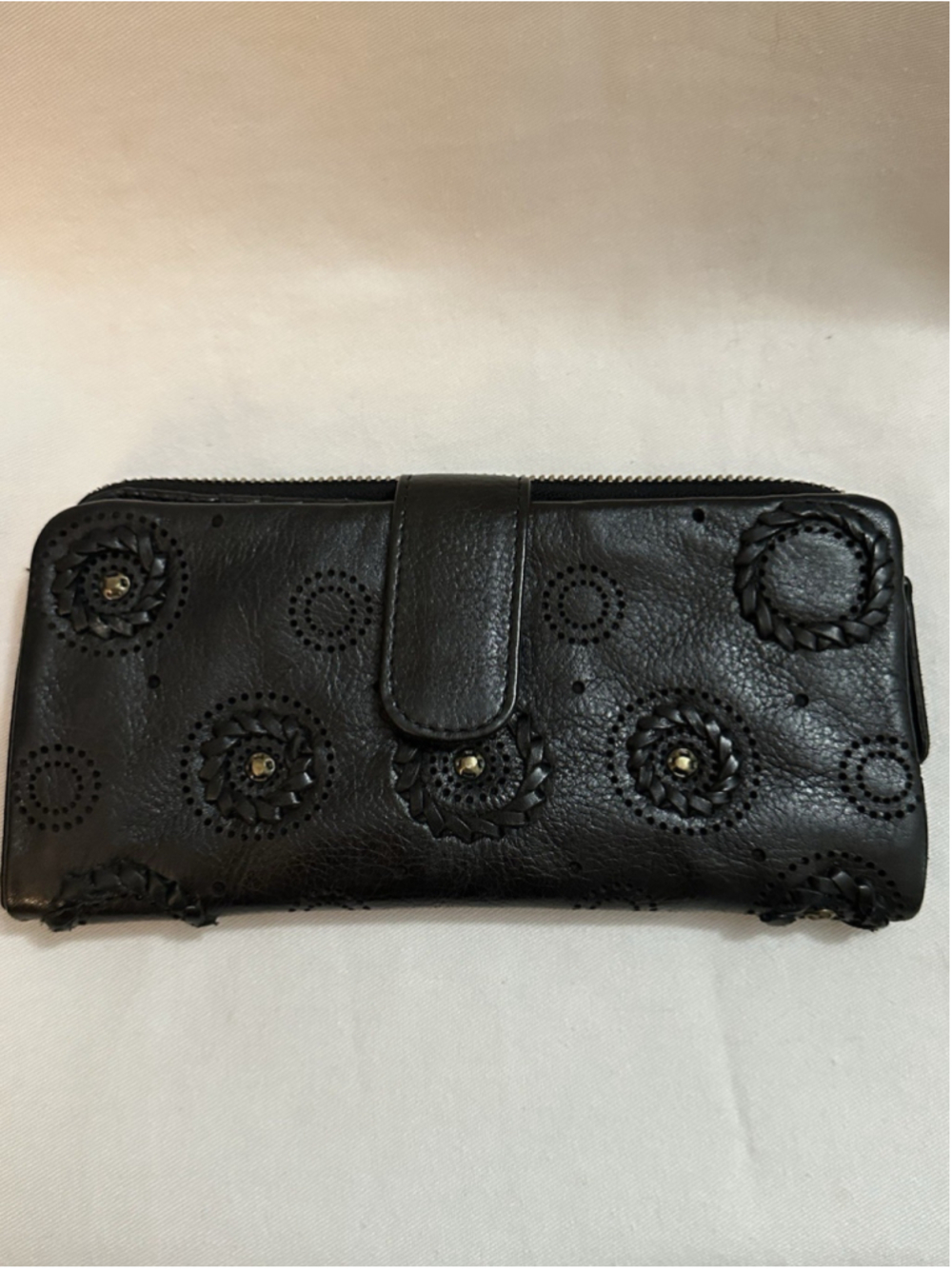 VILENCIAItaly Genuine Leather Black Floral Credit Card Wallet Zip Coin Organizer